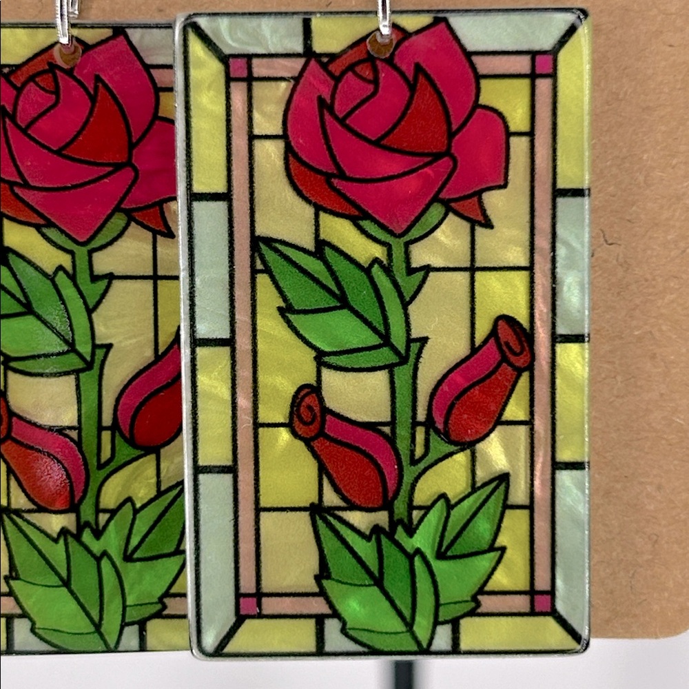 Acrylic Dangle Rose Stain Glass Design Dangle Earrings - Picture 3 of 3